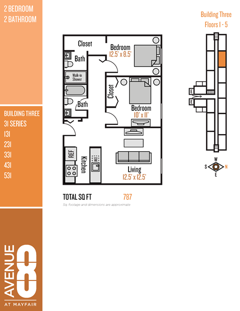 Floor plan for 2 beds, 2 baths, 787 sqft